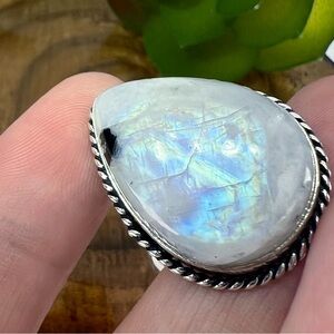 Tourmaline Rainbow Moonstone Ring Size 10 Pear Blue Purple Sterling Silver 925
